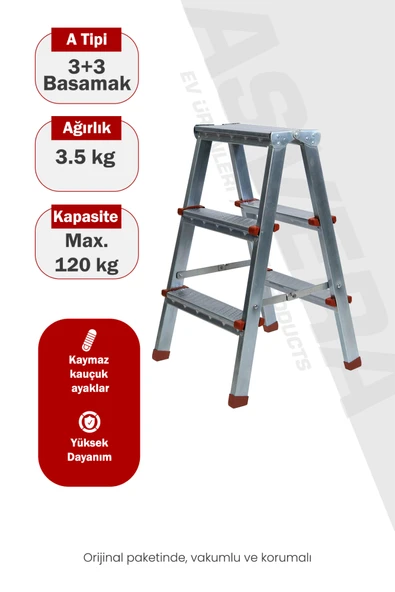 Asvera 3+3 Çift Çıkışlı A Tipi Katlanabilir Profil Merdiven - Çift Taraflı Galvanizli Merdiven ürün görseli 1