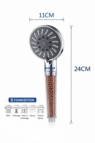 5 Fonksiyonlu Mineral Boncuklu Duş Başlığı  Alkali & Yumuşak Su Teknolojisi ürün görseli 1