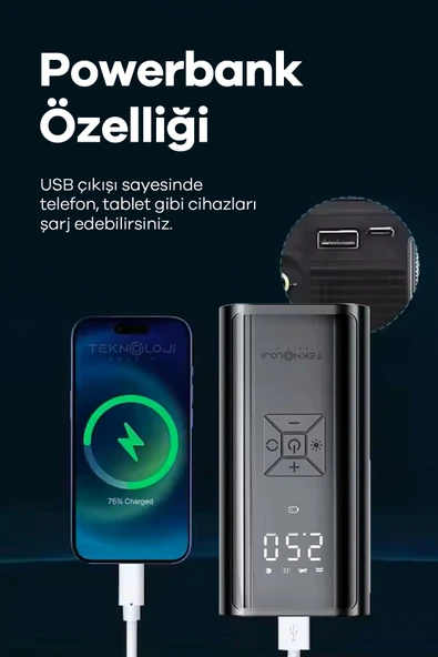 teknotrust Taşınabilir Oto Kompresör Şarjlı Taşınabilir Powerbank El Fenerli Araç Lastik Şişirme Pompası Flaşör ürün görseli 1