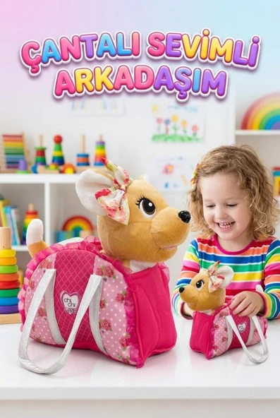 Şık Taşıma Çantalı, Şarkı Söyleyen ve Kuyruk Sallayan Çiçekli Çanta ve Kurdeleli Peluş Chihuahua ürün görseli 1