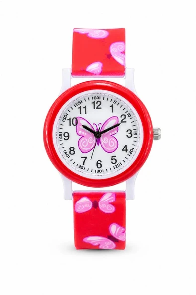 Kelebek Desenli Kırmızı Kız Çocuk Kol Saati Analog Saat ST-304422 ürün görseli 1
