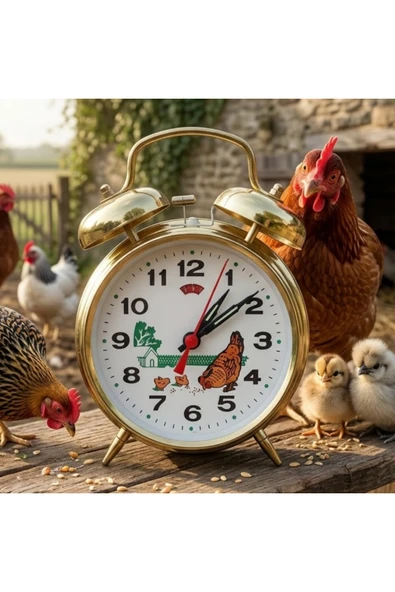 ESKİ YENİ ANTİK Tavuklu Kurmalı Çalar Saat Altın Renk (Horozlu Saat) ürün görseli 1