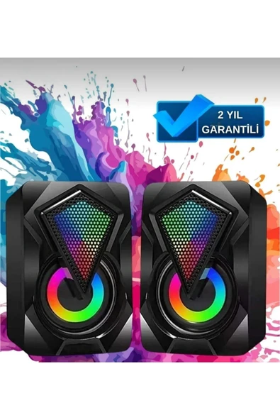 Teknolojimburada Bilgisayar Hoparlörü Işıklı Rgb Led 3.5mm Jack Usb Speaker 1+1 Oyuncu Ses Sistemi ürün görseli 1
