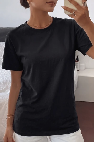Kadın Tişört Gri Bisiklet Yaka Basic Tişört %100 Pamuk Rahat Kalıp T-shirt BASIC-KADIN ürün görseli 1