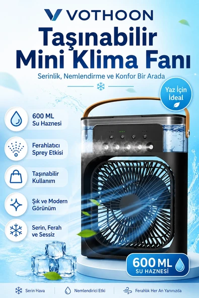 Taşınabilir Işıklı 5 Spreyli Vantilatör Buzlu Buharlı Vantilatör Mini Fan Nemlendirici Buharlı 600 ml ürün görseli 1