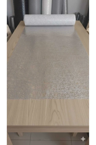 ÜN.K 140 X 350 CM Silinebilir Lüks Masa Örtüsü Şeffaf Hasır Desen GRİ Pvc Masa Örtüsü ürün görseli 1