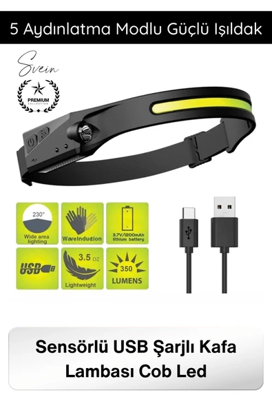 #KafaFeneri Sensörlü USB Şarjlı Kafa Lambası COB LED 5 Aydınlatma Modlu Güçlü Işıldak Dahili Pilli Ayarlanabilir Bantlı ürün görseli 1