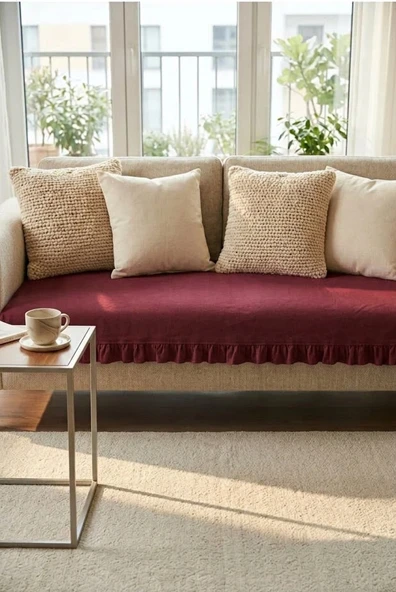Keten Pamuk Koltuk Örtüsü Fırfırlı Bordo 90x200 cm Şık ve Doğal Görünüm Bordo ürün görseli 1