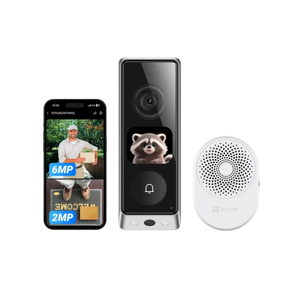 EZVIZ görüntülü kapı zili, çift kamera 6MP ve 2MP ve zil sesi, WiFi kablosuz zil, 2*9600mAh pil, entegre ekran, kişi/paket algılama, 32GB dahili bellek, renkli gece görüşü, EP8 Ultra ürün görseli 1