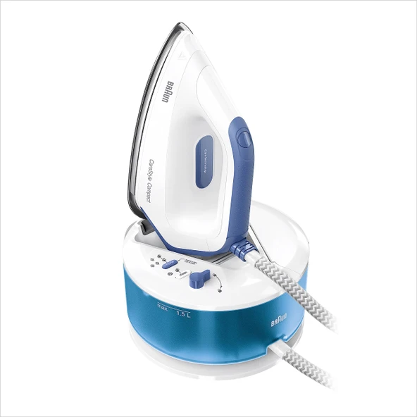 Braun CareStyle Compact IS 2143 BL buharlı ütü istasyonu - FreeGlide 3D tabanlı buharlı ütü, dikey buhar, 2400 watt, pompa basıncı 6 bar, şok buhar 400 g/dak, büyük 1,5 l su deposu, mavi ürün görseli 1
