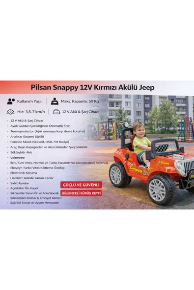 PİLSAN Snappy 12V Akülü Jeep Araba – 50 Kg Taşıma Kapasiteli, Müzikli, Işıklı, Turbo Hızlı ürün görseli 1
