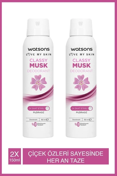 Watsons Classy Musk 24 Saat Etkili Pudrasız Deodorant Sprey 150 Ml X2 Adet ürün görseli 1
