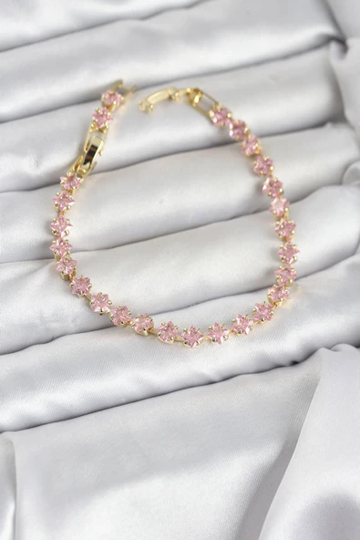 Pembe Kare Zirkon Taşlı Gold Renk Pirinç Su Yolu Kadın Bileklik ürün görseli 1