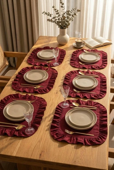 Pamuklu Fırfırlı Kare Supla 6'lı Set Amerikan Servis 33 Cm Supla Bordo ürün görseli 1