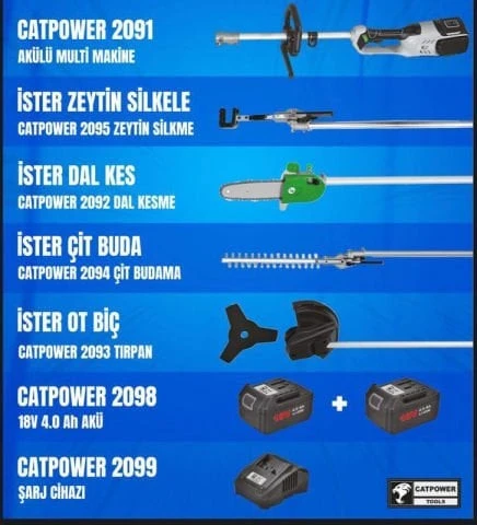 CATPOWER 2091 4 lü MULTİ FONKSİYONEL ŞARJLI ÇİFT AKÜLÜ MAKİNE SETİ CAT POWER ÇİT KESME-YÜKSEK DAL BUDAMA-TIRPAN-ZEYTİN SİLKME 2091 ürün görseli 1