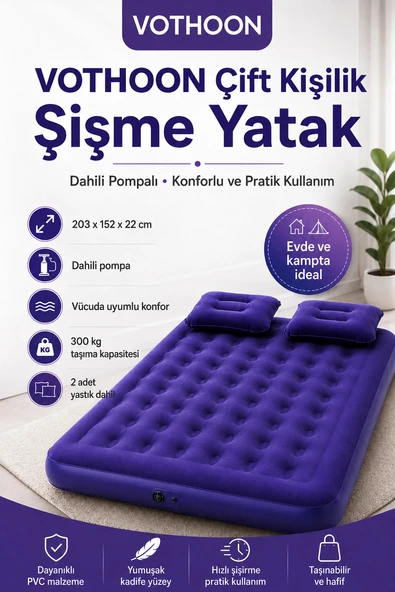 Vothoon Çift Kişilik Şişme Yatak Dahili Pompalı 203x152x22 cm 2 Yastıklı ürün görseli 1