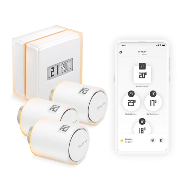 Netatmo Paketi Akıllı Termostat + 3 termostatik kafa, WiFi, uygulama üzerinden uzaktan kumanda, bireysel ısıtmayla uyumlu, NBU-NTH-NAV-EU ürün görseli 1