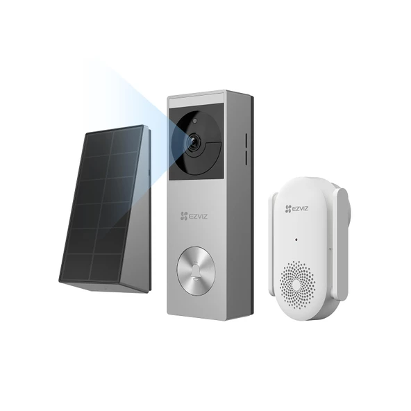 EZVIZ CP3 Pro Pilli Görüntülü Kapı Zili ve Zil CH1, Kameralı Kablosuz Zil, Kişi Algılama, 2K ve Renkli Gece Görüşü, İki Yönlü Ses, 8 GB eMMC Depolama, Güneş Panelli Görüntülü Kapı Zili + Zil Kiti ürün görseli 1