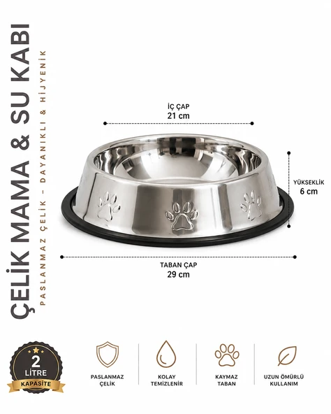 Köpekler İçin Pati Desenli Çelik Mama Su Kabı 30 Cm - 64 Oz - 2 LT ürün görseli 1