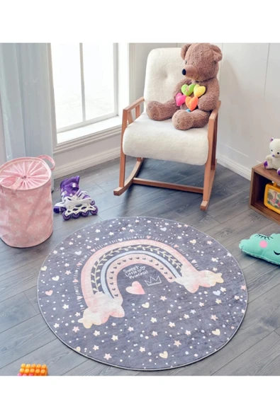 SZK STORE Çocuk Odası Halısı Oyun Matı Makinede Yıkanabilir Kaymaz Taban Leke Tutmaz Yuvarlak 120*120 Gökkuşağ ürün görseli 1
