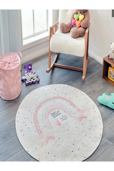 SZK STORE Çocuk Odası Halısı Oyun Matı Makinede Yıkanabilir Kaymaz Taban Leke Tutmaz Yuvarlak 120*120 Gökkuşağ ürün görseli 1