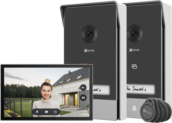 EZVIZ 2K görüntülü kapı zili kiti, kapı interkomu*2 ve 7" renkli dokunmatik ekran, AI kişi algılama ve iki yönlü ses, kapı açıcılı 2 interkom, çift bantlı WiFi, HP7 2 giriş kiti ürün görseli 1