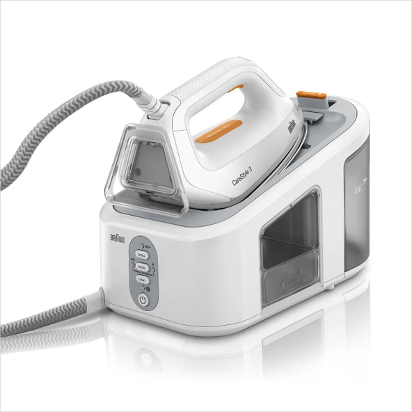 Braun CareStyle 3 buharlı ütü istasyonu IS 3132 WH - FreeGlide 3D tabanlı, 6 bar pompa basıncı, 2 L büyük su deposu, eko işlevi, beyaz/turuncu ürün görseli 1