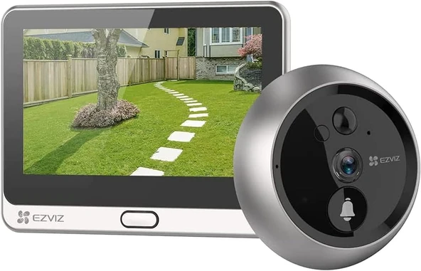 EZVIZ WiFi kapı zili, 4600mAh pil, 4,3 inç renkli ekran, 155° geniş açı ve PIR sensör, kablosuz monitörlü 2MP kapı casus kamerası, iki yönlü ses ve canlı görüntü mevcut, DP2C ürün görseli 1