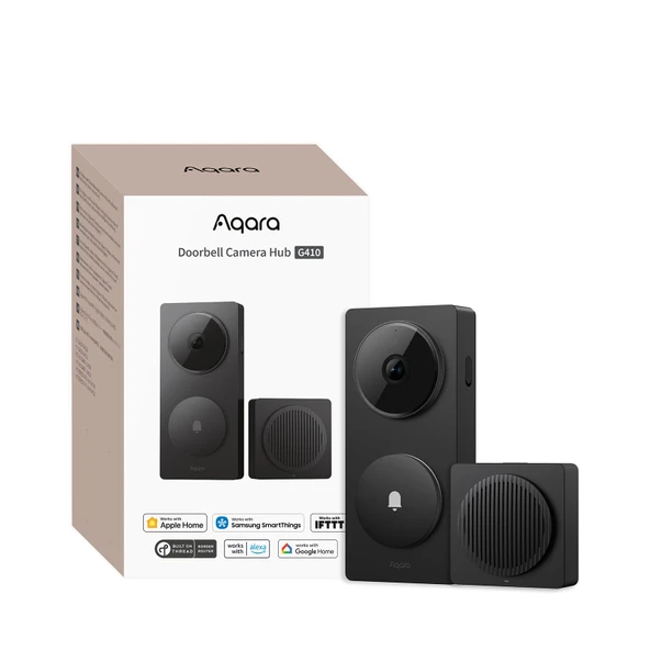 Aqara Akıllı Kapı Zili ve Kamera G410, 2K, Homekit Güvenlik Videosu, 2 Yönlü Ses, Entegre Matter Hub, Kablosuz/Kablolu, Uyumlu Apple Home, Google, Ev Asistanı, 2,4/5 GHz WiFi, Zil ile, Siyah ürün görseli 1