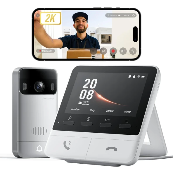 SwitchBot kameralı WiFi kapı zili, 4,3 inç renkli ekranlı 2K görüntülü kapı zili, 165° geniş açılı akıllı kapı zili kamerası, 5000 mAh, iki yönlü ses, Alexa ile uyumlu ürün görseli 1