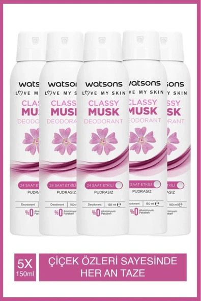 Watsons Classy Musk Deodorant Sprey Pudrasız 5x150ml ürün görseli 1