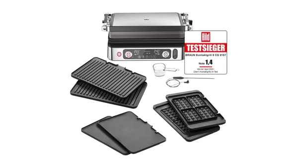 Braun MultiGrill 9 CG 9167, ızgaralı temaslı ızgara, düz ve waffle plakaları ve sıcaklık sensörü, ızgara konumları: temaslı, fırın,yağ damlama tepsisi, yükseltme işlevi 265° ürün görseli 1