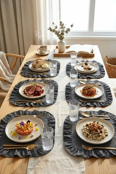 Pamuklu Fırfırlı Kare Supla 6'lı Set Amerikan Servis 33 Cm Supla Gri ürün görseli 1