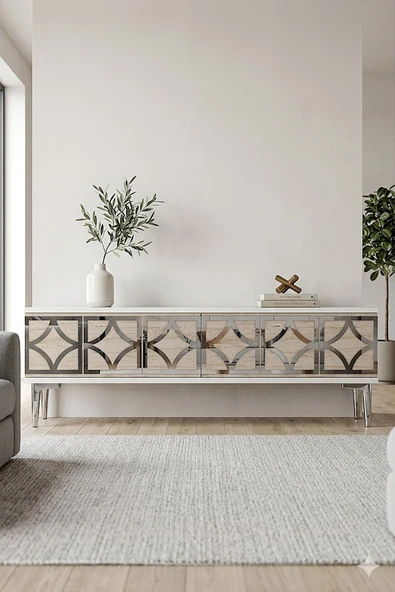 TSA1237BTS LEM Tv Sehpası Beyaz-Traverten-Silver 120cm ürün görseli 1