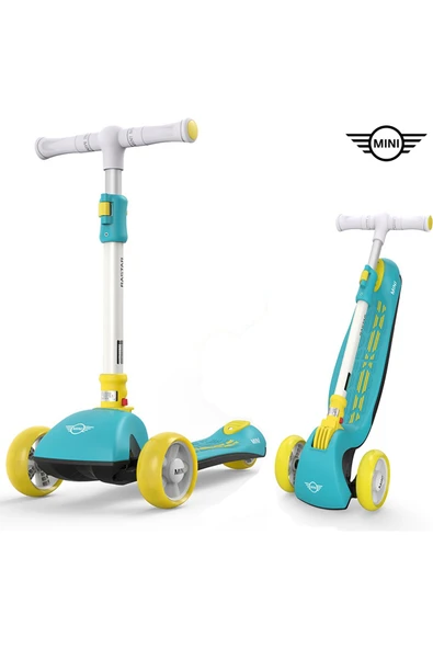 Mini Cooper Lisanslı 3 Tekerlekli Katlanabilir Ayarlanabilir Işıklı 50 kg Taşıma Kapasiteli Scooter Yeşil ürün görseli 1