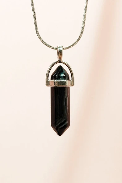 Obsidyen Doğal Taşı Zincirli El Yapımı Tasarımlı Kolye Uç: 3,5 cm Zincir: 20 cm Kutulu ürün görseli 1