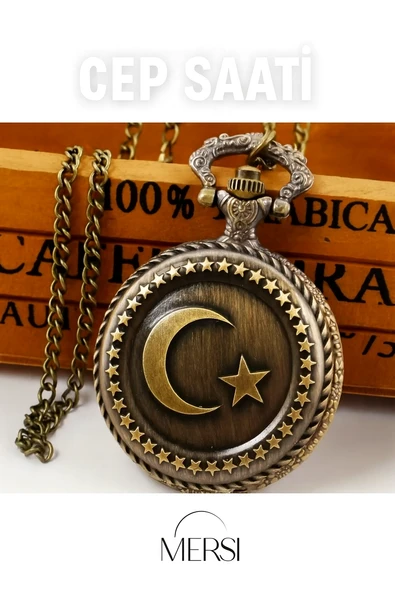 Ay Yıldız Tasarımlı Nostaljik Köstekli Cep Saati Zincirli Metal Saat ürün görseli 1