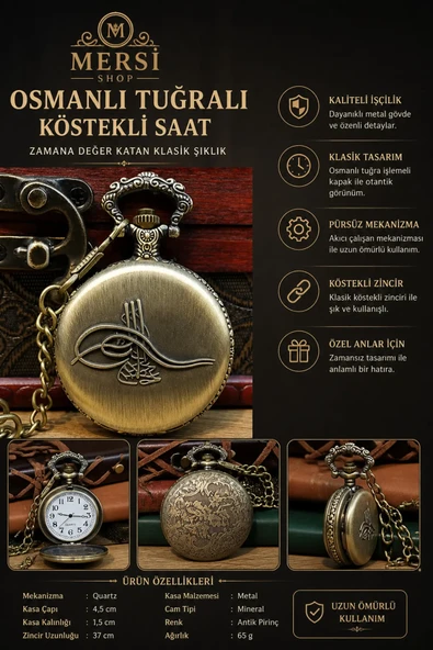 Osmanlı Tuğralı Nostaljik Köstekli Cep Saati Zincirli Antika Tasarım ürün görseli 1