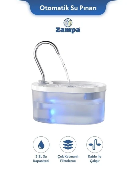 Zampa PWF-01 Oval Pet Otomatik Su Pınarı 3.2L - Kediler ve Köpekler İçin Taze Su Çözümü ürün görseli 1