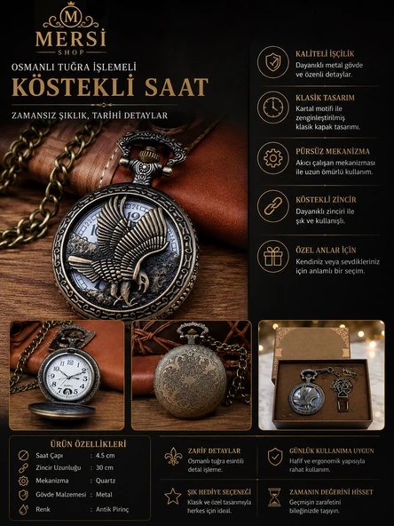Kartal Figürlü Nostaljik Köstekli Cep Saati Metal Zincirli Antika Tasarım ürün görseli 1