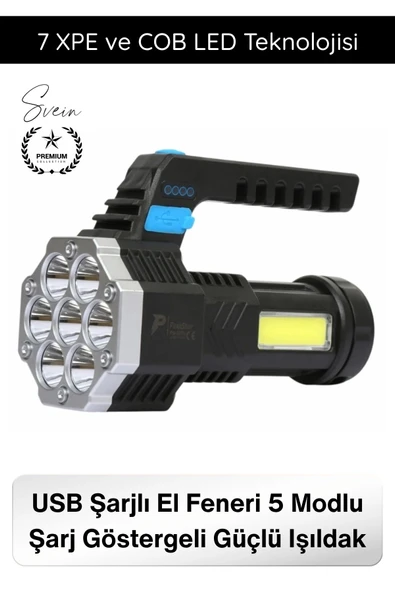 #Fener USB Şarjlı El Feneri 7 XPE COB LED 5 Modlu Şarj Göstergeli Güçlü Işıldak ABS Gövdeli Taşınabilir Kamp Av Balıkçıl ürün görseli 1