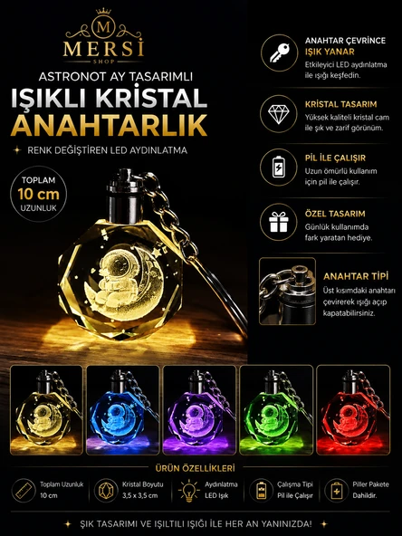 Astronot Ay Tasarımlı Işıklı Kristal Anahtarlık Renk Değiştiren LED Anahtarlık ürün görseli 1