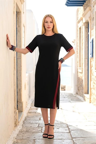 Siyah Şeritli Modal Elbise - Resim 3