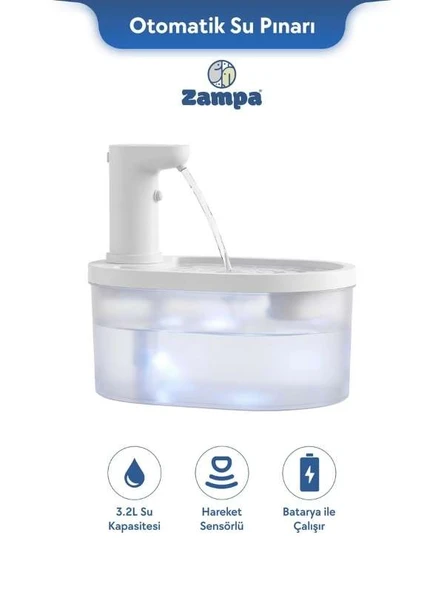 Zampa PF-010 Oval Pet Otomatik Su Pınarı 3.2L - Bataryalı ve Akıllı Sensörlü Sistem ürün görseli 1