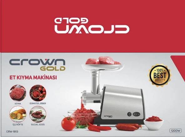 Crown CRW-1813 Çelik Sistem Et Kıyma Makinesi 1200W (Sosis sucuk dolum aparatlı) ürün görseli 1