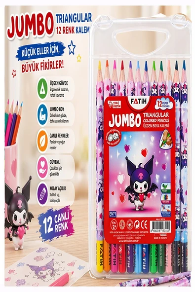 12 li Jumbo Kuru Boya Kalemi Plastik Kutu 1 Paket Fatih Kuromi Figürlü Kalın 12 Renk Kuruboya Tam Boy Renkli Kalem ürün görseli 1