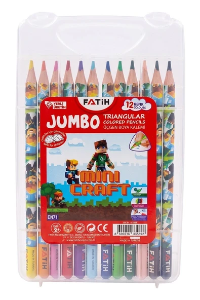 12 li Jumbo Kuru Boya Kalemi Plastik Kutu 1 Paket Fatih Mini Craft Figürlü 12 Renk Kalın Kuruboya Tam Boy Renkli Kalem ürün görseli 1