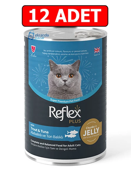 Reflex plus alabalıklı ve ton balıklı kedi konserve 400 gr 12 adet jöle içinde et parçacıklı yetişkin kedi ürün görseli 1