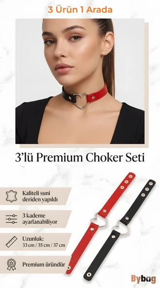 Kadın 3'lü Set Kalp Detaylı Ayarlanabilir Suni Deri Choker Tasma Kolye Siyah Kırmızı ürün görseli 1
