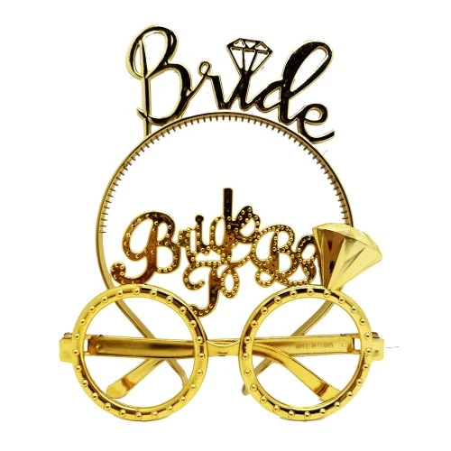 Bride Yazılı Taç ve Bride To Be Yazılı Gözlük Seti Altın Renk ürün görseli 1